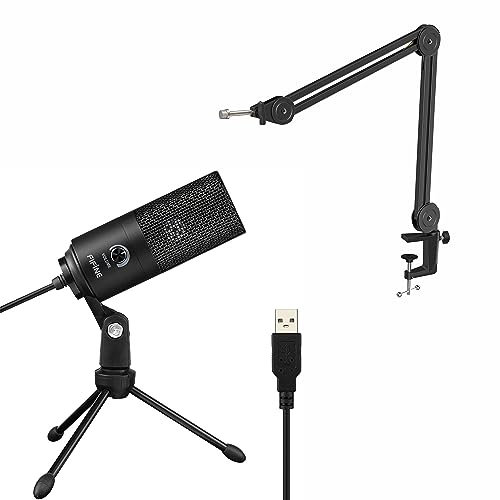 FIFINE USB Mikrofon mit Arm, Gaming Microphone für MAC PS4 PS5, Kondensator Mikrofon mit Einstellbarer Ständer für Streaming Studio Podcast Schwarz (K669B+BM63)