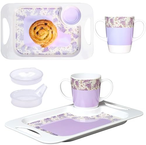 Rosa Lifestyle Sippy Cup for Adults, Cup lids & Coordinating Snack Tray Bundle for Elderly. 400ml/14oz Cup Capacity, Tray 33.8cmx20.6cm. Lightweight, Melamine, Perfect Snack Bundle (Lilac)