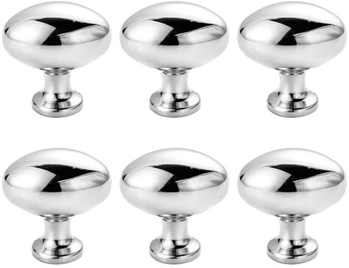 ZAKHSE Dresser Knobs, 6 Pack Zinc Alloy Drawer Knobs, Oval Single Hole Cabinet Knobs, Bright Chrome Drawer Pulls Metal Knobs for Cabinets and Drawers Home Furniture Door Knob (with Screws)