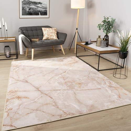 Paco Home Teppich Wohnzimmer Schlafzimmer Kurzflor Abstraktes Muster Mamor Optik Moderne Deko Waschbar, Grösse:80x150 cm, Farbe:Beige