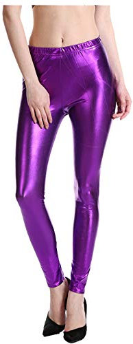 Leggings metallizzati, da donna, in argento, a vita alta, costume da carnevale, 80 pezzi, per feste, discoteca, carnevale, pantaloni metallici, pantaloni da danza, leggings dorati, #12- Viola, L