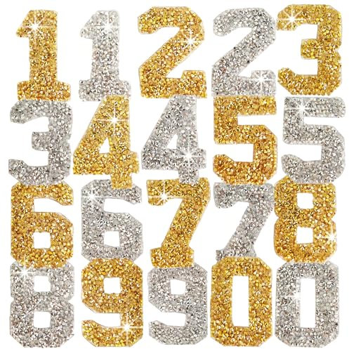 KRUIFPION 20pcs Number Rhinestone Patches,Number Iron on Patches,2 Set Number 0-9 Rhinestone Patches Appliques Iron On Glitter Patches for Clothing Repair Decorative,DIY Craft Making(Gold,Silver)