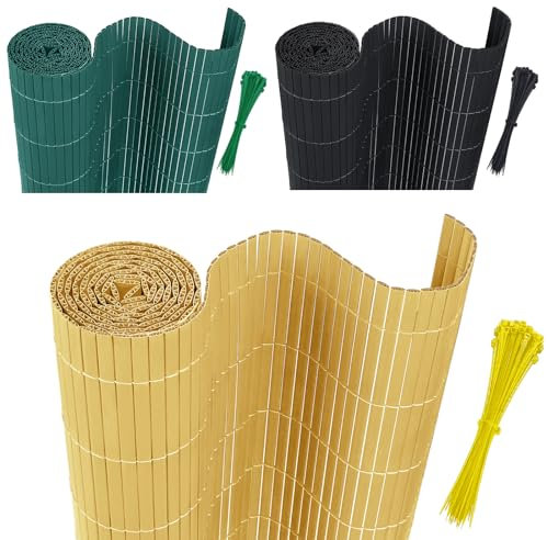AufuN Sichtschutzmatte PVC Sichtschutzzaun 180x500cm - mit Kabelbindern Standard Sichtschutz Bambus Windschutz für Garten Balkon und Terrasse-Interne W-Struktur Verstärkte Lamellen (Bambus)
