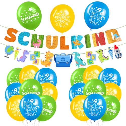 Einschulung Deko Junge, Schuleinführung Schulanfang Deko Set,Schulkind Luftballon Dinosaurier,Dinosaurier Schulkind Banner und Luftballon,Schulkind Einschulung deko für Junge