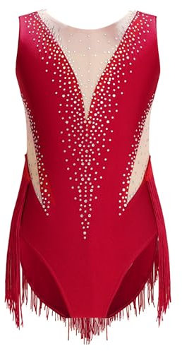 Yruioon Mädchen Turnanzug Glitzer Gymnastikanzug Ärmellos Ballettanzug Eiskunstlauf Body Overall Gymnastik Leotard Wettbewerb Tanzkostüm A Weinrot 134-140