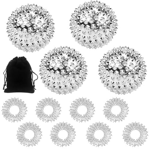 Akupressur Ring Igelbälle Set 4 Stk Igelball Massage + 8 Stk Akupressurringe Massageringe für Finger und Handgelenk 30 mm Skill Ball Borderline Skills Ringe Arthroroller Stressringe (Silber)