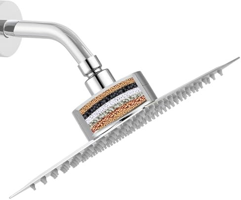 Katezon Soffione Doccia Filtrante, Soffione Doccia ad Alta Pressione Con Filtro Per Acqua Dura Rimuove Cloro e Sostanze Nocive, Soffione Doccia a Pioggia Quadrato da 20cm (Cromo)