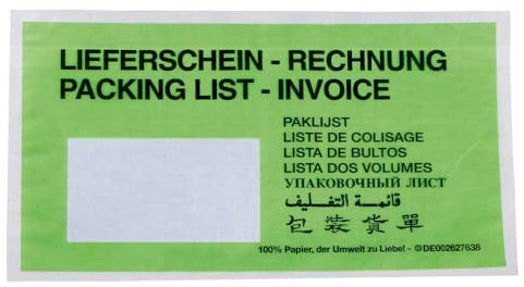 Lieferscheintaschen DIN lang mit Druck aus Papier grün selbstklebend 240 x 131 mm, 1000 Stück