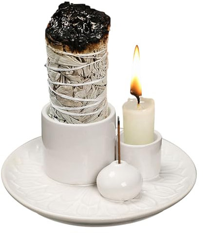SHEBUYLLI Incense Burner Holder, 4 in1 Palo Santo Holder Ceramic Incense Stick Holders with Ash Catcher Sage Holder Smudge Bowl for Yoga Meditation Room Home Decor (#001White)