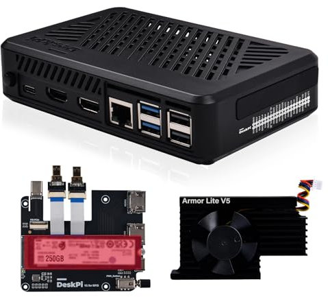 GeeekPi DeskPi Lite Pi5 Case con pulsante di accensione, PCIe a M.2 HAT, Active Cooler, e Dual Full-Size HDMI per Raspberry Pi 5, supporta M.2 NVMe M-Key 2230/2242/2260/2280 SSD
