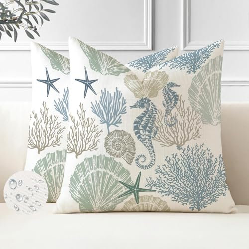 Miuyunya 2er Set Outdoor Kissen 50x50 cm Wetterfest Blau Maritim Kissenbezug Frühling Sommer Wasserfest Kissenbezüge Retro Seestern Hippocampus Sofa Dekokissen Kissenhülle für Garten Sofakissen