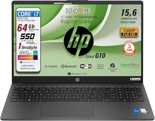 HP 250 G10, PC Portatile CPU Intel Core i7-1355U 13th 10Core, fino a 5 GHz, RAM 64 Gb, SSD 1 Tb, Display 15.6 ips FHD, Wi-Fi 6, BT, WebCam, HDMI, Win 11Pro, Pronto all'Uso, 3 Anni di garanzia