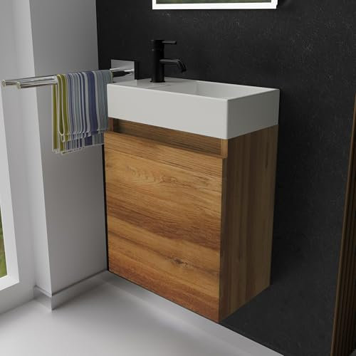 Alpenberger Gäste WC Waschbecken mit Unterschrank 45 cm | Badezimmerschrank Schmal | Badmöbel Set Waschplätze für Kleine Bäder | Waschbeckenunterschrank (Bamboo, Waschbecken - Rechte Seite)