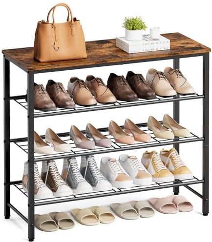 Kitsure Schuhregal mit Holzplatte, platzsparendes Schuhablage aus Hochleistungs Metall, langlebige Aufbewahrung für Kleiderschrank, Eingangsbereich und Flur, 29 x 75 x 63 cm, Vintagebraun