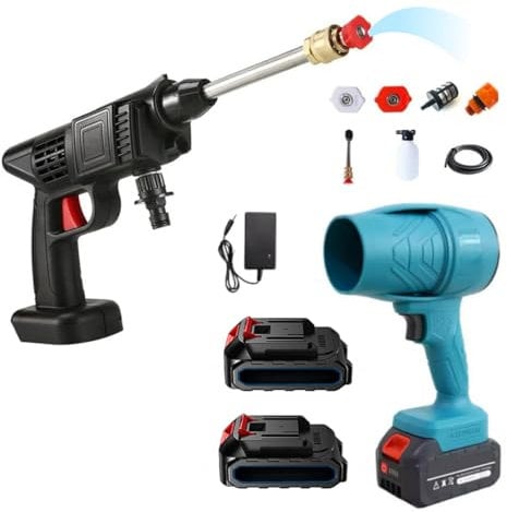 Mini Soffiatore a Batteria per Foglie con Turbocompressore e Idropulitrice a Batteria Potente, Velocità dell'Aria fino a 126 km/h, Dotato di 2 Batterie da 48V 3000 mAh (Soffiatore e idropulitrice)