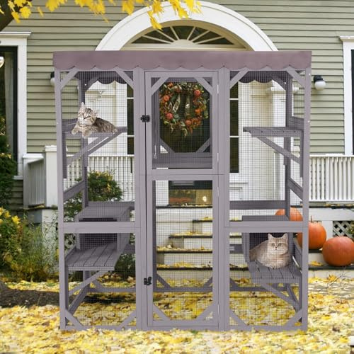 Akinerri Wooden Catio Outdoor Cat Enclosure,Large Luxury Kitty-House with 7 Jumping Platforms & Weatherproof Asphalt Roof,Walk-in Kitty Kennel Condo Shelter and 2 Napping Houses (Grey)