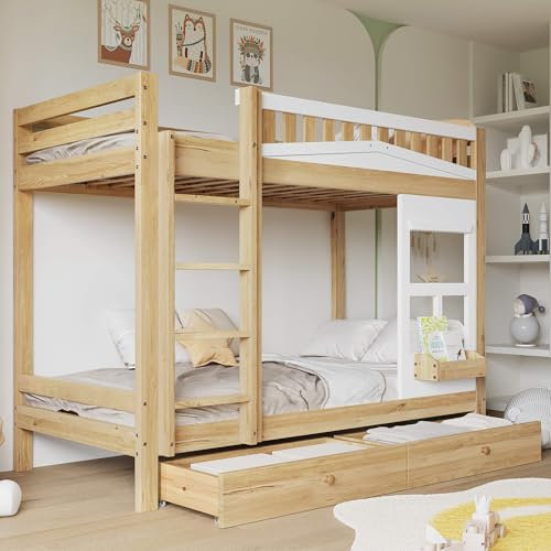 HYUB Letto a castello per bambini, 90 x 200 cm, con cassetti e finestra, letto a castello in legno con rete a doghe, telaio con scala e protezione anticaduta, colore legno