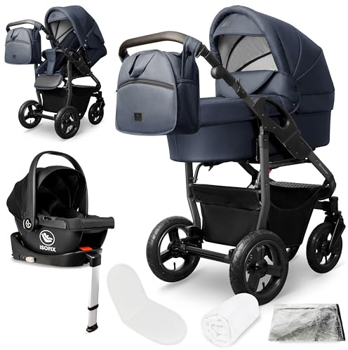 Bergsteiger Capri Kombikinderwagen 4-in-1 Babywanne Sportsitz Isofix | Komplettes Reisesystem mit i-size Babyschale Luftreifen Rahmenfederung verstellbarem Griff Zubehör und Wickeltasche