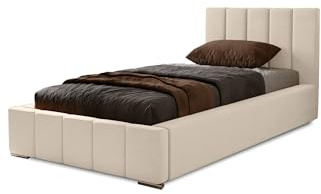 MARPUR Polsterbett Nero 100x200 cm, Bett mit Kopfteil, Doppelbett mit Bettkasten und Lattenrost aus Holz, Velourstoff: Beige
