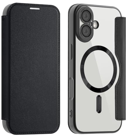 Unichthy Magnetic Phone Case for iPhone 17 Flip Clear Cover，Black | Strong Magnetic Attachment, RFID Blocking Card Holder, Shockproof PU Leather TPU Back, Individual Protection for Each Lens