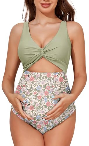 Summer Mae Einteiliger Umstands-Badeanzug mit Cutout, gedrehte Vorderseite, überkreuzte Passform, hohe Taille, Schwangerschafts-Bademode, Gelb, Blumen, XL