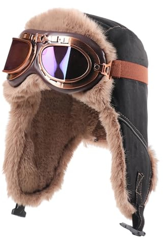 GIBZ Trappermütze mit Brille Winter Winddicht Pelz Fliegermütze | Warme Pilotenmütze Vintage Hut für Herren und Damen