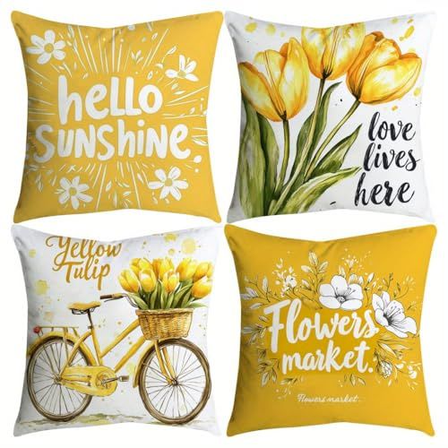 Kissenbezug 40x40 4er Set Leinen mit hellem Blumenmuster für Wohnzimmer | Natürliches luftiges Leinen, frische Wohndeko und passendes Geschenk für Freunde