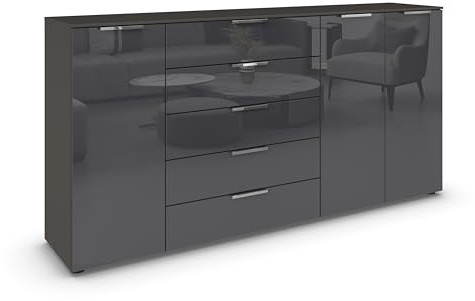 Rauch Möbel Flipp, Kommode, Farbe Glas Basalt/Graphit, Breite 199 cm | Sideboard, 3-türig, 5 Schubladen, Glasfront, Soft-Close-Funktion, für Schlafzimmer, Gästezimmer, Wohnzimmer, Garderobe, Flur