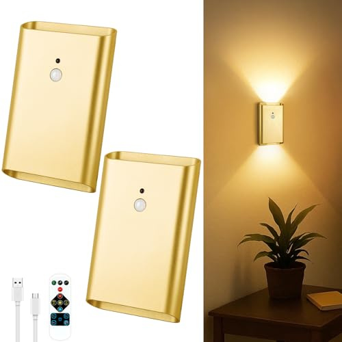Toowell LED Rechargeable Wall Lights Gold Wall Lights Battery Operated | Sensor Lights Battery Wall Lights Indoor Stick On Wall Lights with Switch Bedside Wall Lights for Hallway Cabinet,2 Pack