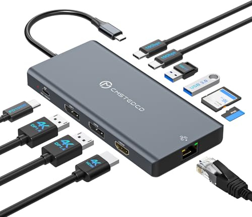 JCYMELE USB C Docking Station 3 Monitore Dual DisplayPort 4K@120Hz + HDMI 4K@60Hz, 12-in-1 Dockingstation Laptop Triple Monitors, 100WPD, 10Gbps USB 3.2, Gigabit-Ethernet