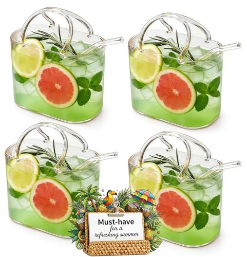Glass Purse for Drinks, Purse Drinking Glass with Straw, 26oz Unique Wine Glasses, Decorative Fish Bowl Vase with Straw, Handbag Shaped Vases for Cute Room Decor for Fruit Juice, Tea, Flowers (4pcs)