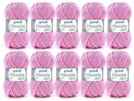 Gründl Wolle Filzwolle uni - Dicke Wolle zum Filzen in der Waschmaschine - Strickgarn zum Filzen - Weich und hautfreundlich - 100 % Schurwolle - 10 Knäuel 50 g /50 m -Nadelstärke 8 -9 - Rosa