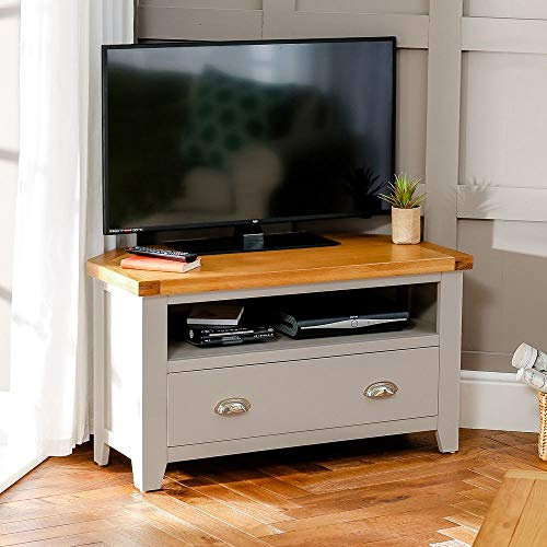 The Furniture Market Downton Grey Painted Corner TV Unit with Drawer – Natural Oak Top, Suitable for TVs Up to 42, Dovetail Joints, Stylish & Functional Design - H 565mm x W 1000mm x D 500mm