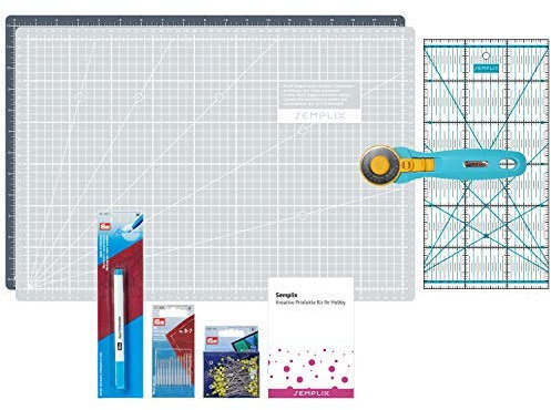 SEMPLIX Patchwork Starter Set mit Schneideunterlage (A3), Rollschneider Maxi, Lineal + Nähnadeln, Stecknadeln & Trickmarker (grau/türkis)