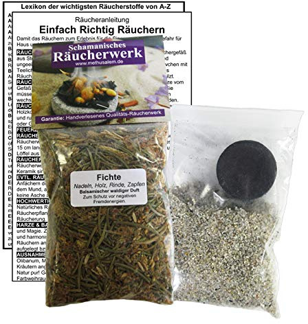 FICHTE zum räuchern 60ml Räuchermischung (Fichtennadeln Rinde Holz Zapfen) 5-TLG Räucherset - Räucherwerk mit Räucherkohle (1x), Räuchersand, Anleitung + Lexikon der Räucherstoffe A-Z 82060-20