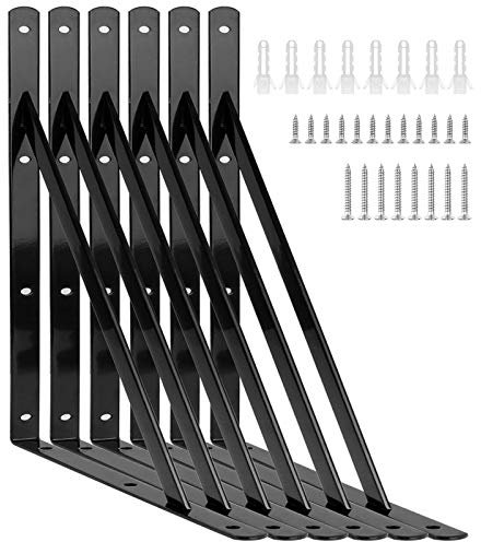 AHUNTTER Lot de 6 équerres d'étagère 400 mm en métal, équerres d'étagère murales à angle droit – Noir