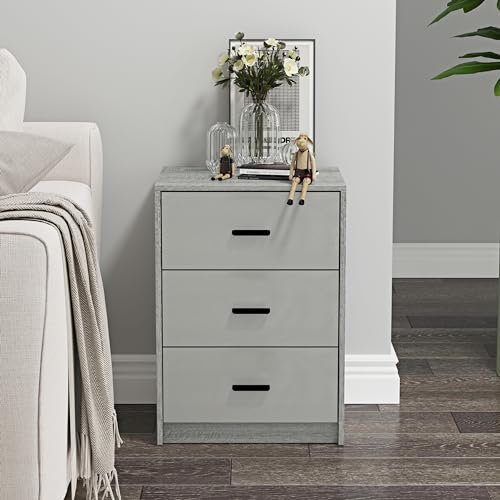 URBNLIVING 3 Drawer Wooden Bedroom Bedside Cabinet (Ash Grey Oak Carcass + Grey Drawers)