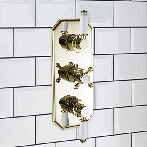 ENKI, Regent, TSV037, Gold White Triple Concealed Thermostatic Mixer Tap Shower Outle Valve for Bathrooms, Traditional Victorian Style