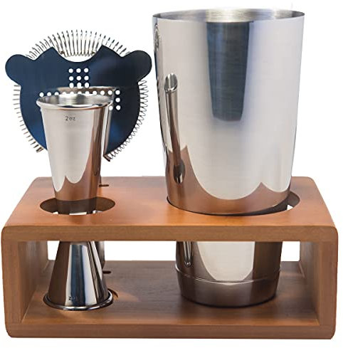 The Cocktail Box Co Premium Mixology Boston - Juego de coctelera para bebidas, incluye colador Hawthorne, medidor y soporte de madera, eleva tu mixología con el juego de coctelera Boston