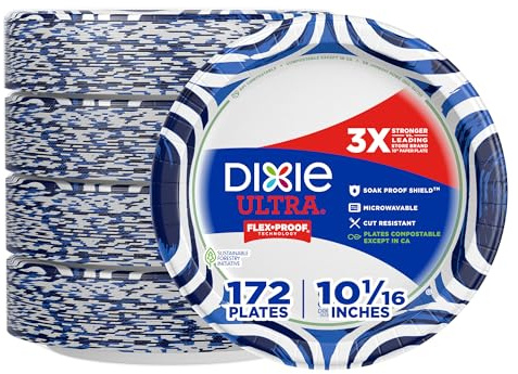 Dixie Ultra, Large Paper Plates, 10 Inch, 172 Count (4 packs of 43 plates), 3X Stronger*, Heavy Duty, Microwave-Safe, Soak-Proof, Cut Resistant, Disposable Plates For Heavy, Messy Meals