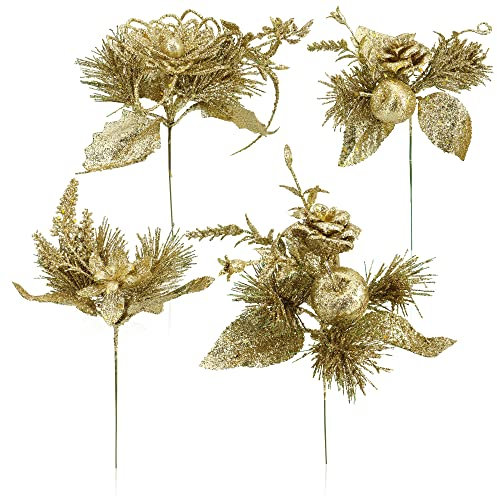 com-four® 4X Deko-Gesteck, dekorative Zweige als tolle Weihnachtsdekoration, schöner Raumschmuck, verschönert Geschenke auch für Kränze und Blumenarrangements DIY (goldfarben - klein)