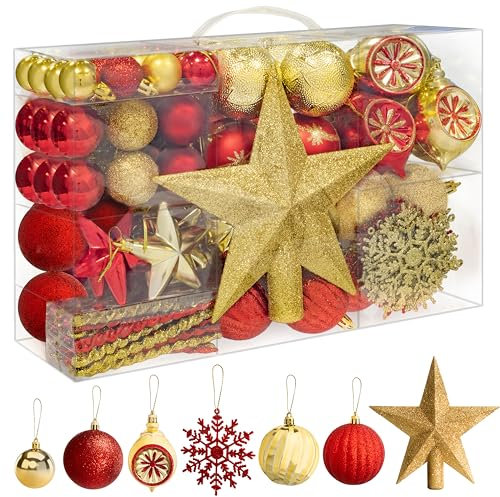 SA Products 108 Pieces Christmas Tree Baubles Set - Assorted Gold & Red Decorations - Shatterproof Hanging Ornaments for Xmas Trees, Wreath, Garland - Balls, Stars, Snowflakes, Icicles Decor