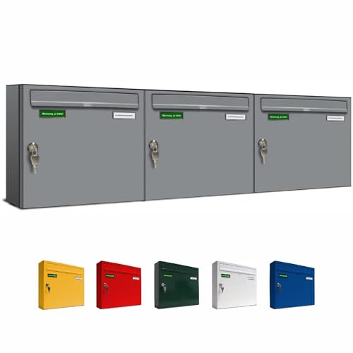 AL Briefkastensysteme Basic 3er Briefkasten RAL 9006 Weiß Aluminium Silber Edelstahl-farbig 3 Fach DIN A4 wetterfest Briefkastenanlage mit Posthaltebügel und 2 Namensschildern