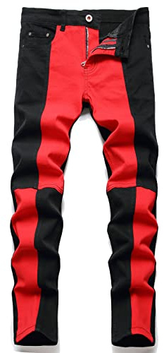 AITITIA Men's Black Red Patchwork Regular Fit Flex Jeans (34, 7275 Black Red), Red