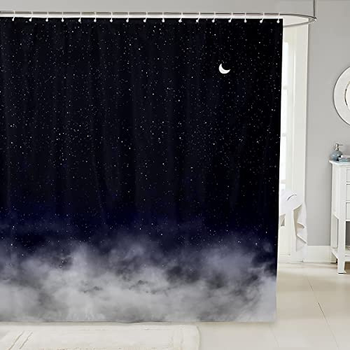 Loussiesd Shiny Star Bath Curtain Moon Star Sky Shower Curtain Gradient Dark Blue Grey Bathroom Fabric for Teens Stalls Bathtubs Romantic Style Waterproof Curtains 72x94 Inch