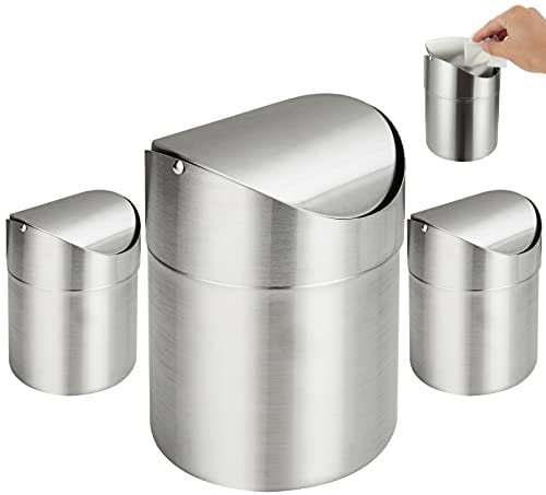 GOYADA 3 Pack Small Mini Bin With Lid, 1.5L Desk Table Top Worktop Counter Top Tea Bag Bin, Small Mini Swing Bin For Desk, Office, Bedroom, Bathroom, Kitchen Worktop (12.5 x 16cm) (Silver)
