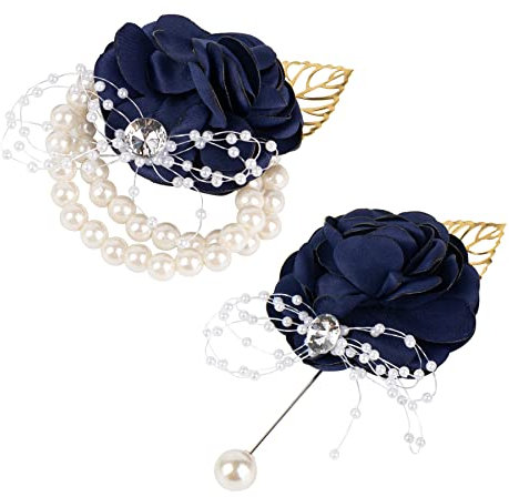 AUEAR, 2 Stück dunkelblaue Rose Handgelenk Corsage Boutonniere Sets für Damen Herren Hochzeit Jahrestag