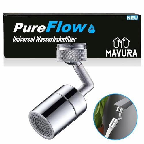 PureFlow Universal Wasserhahn Spritzfilter drehbarer Schwenkbrause, Zubehör für Düsenspritze Luftsprudler Aufsatz, Filter Wasserhahnaufsatz schwenkbar 720° Brause