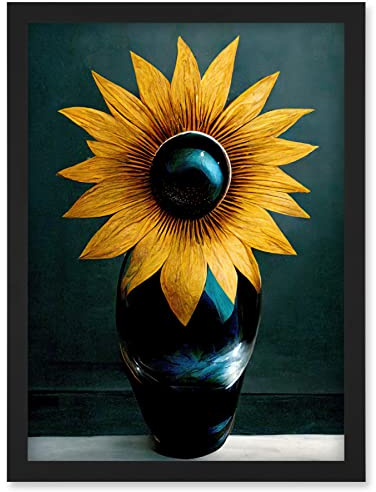 Doppelganger33 LTD Modern Bright Single Yellow Black Sunflower In Vase Artwork Framed Wall Art Print A4