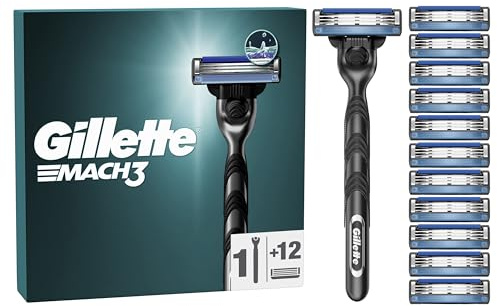 Gillette Mach3 Base Herrenrasierer mit Ersatzteilen, 1 Griff, 12 Ersatzklingen mit 3 Klingen und Gleitgelband für eine sanfte Rasur